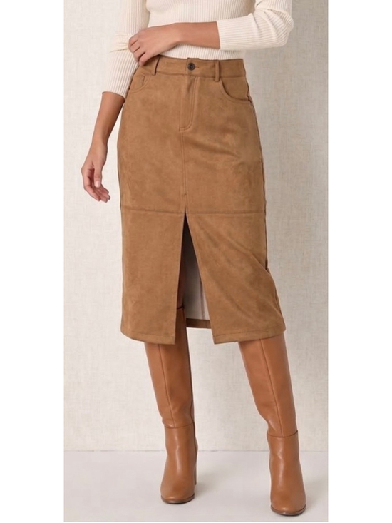 Lulus Dresses & Skirts - Lulus Faux Suede Midi Skirt NWT Size Small Brown Front Slit Camel Tan Western